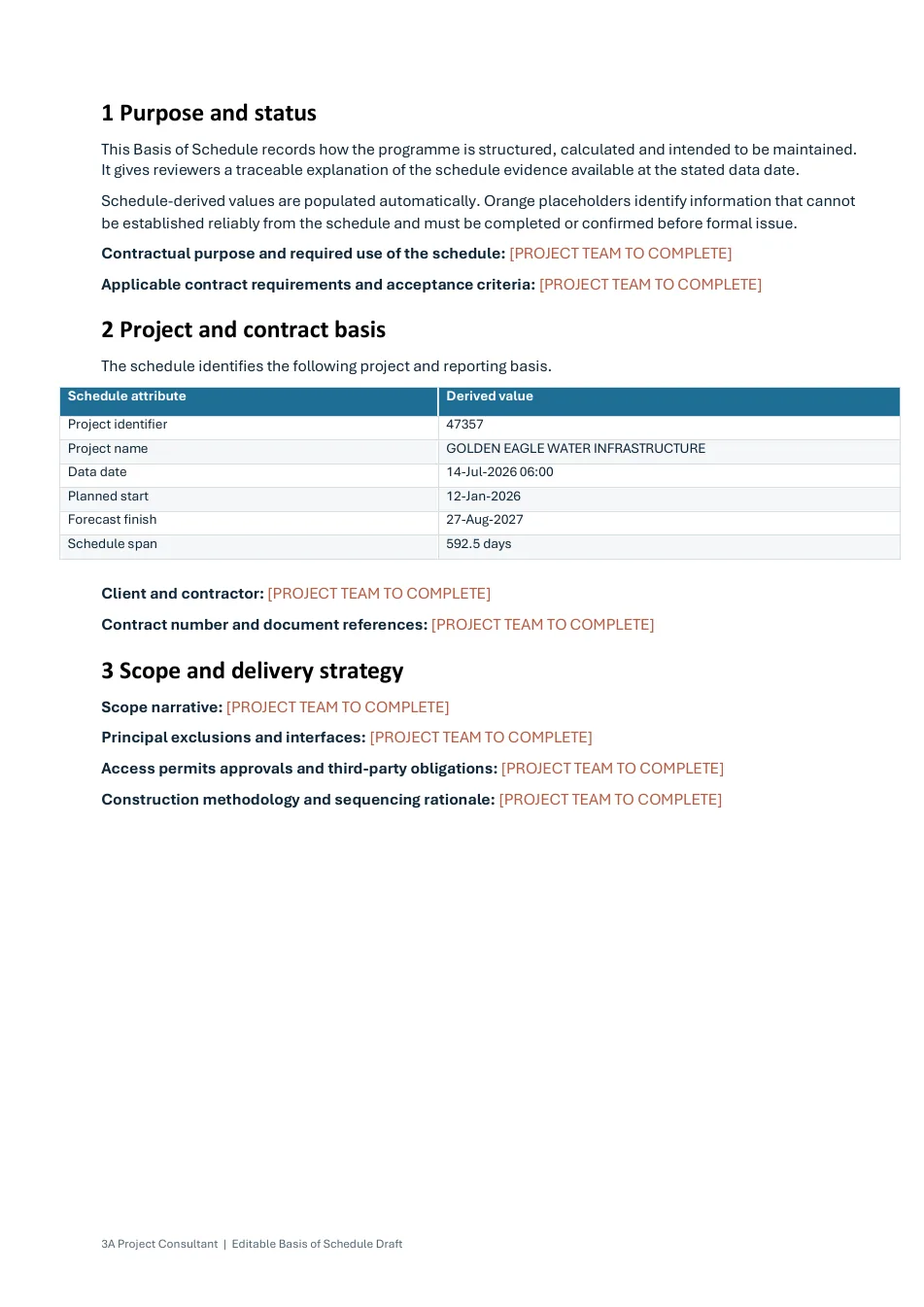 Basis of Schedule purpose, project basis and editable project-team inputs